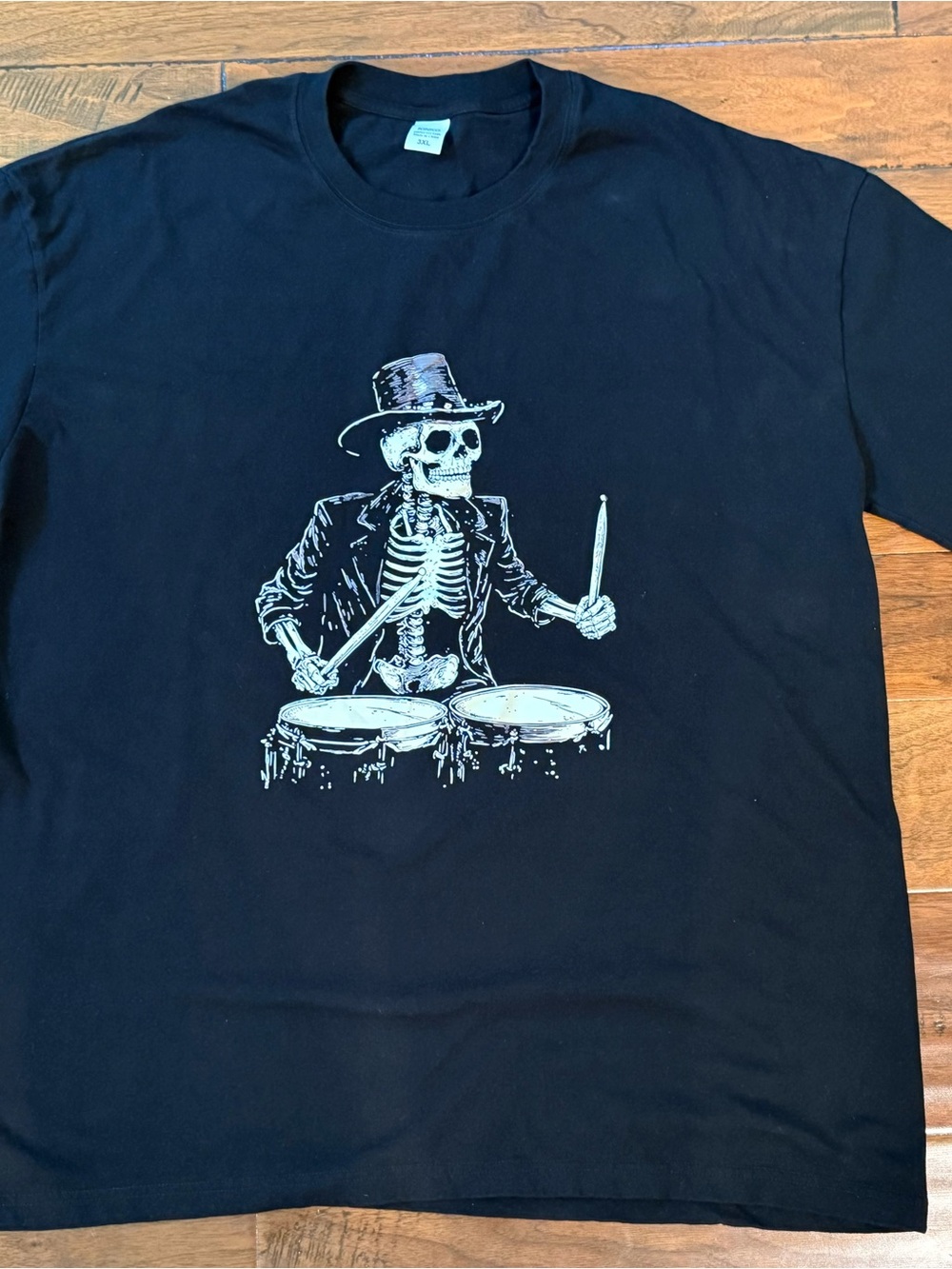 Black Skeleton Drummer Graphic Tee